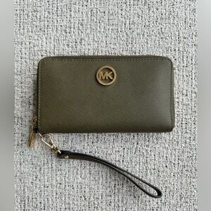 Michael Kors Olive Green MK Emblem Zip Wallet